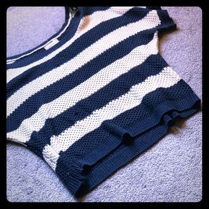 Crochet Navy blue & Cream Striped Crop Sweater